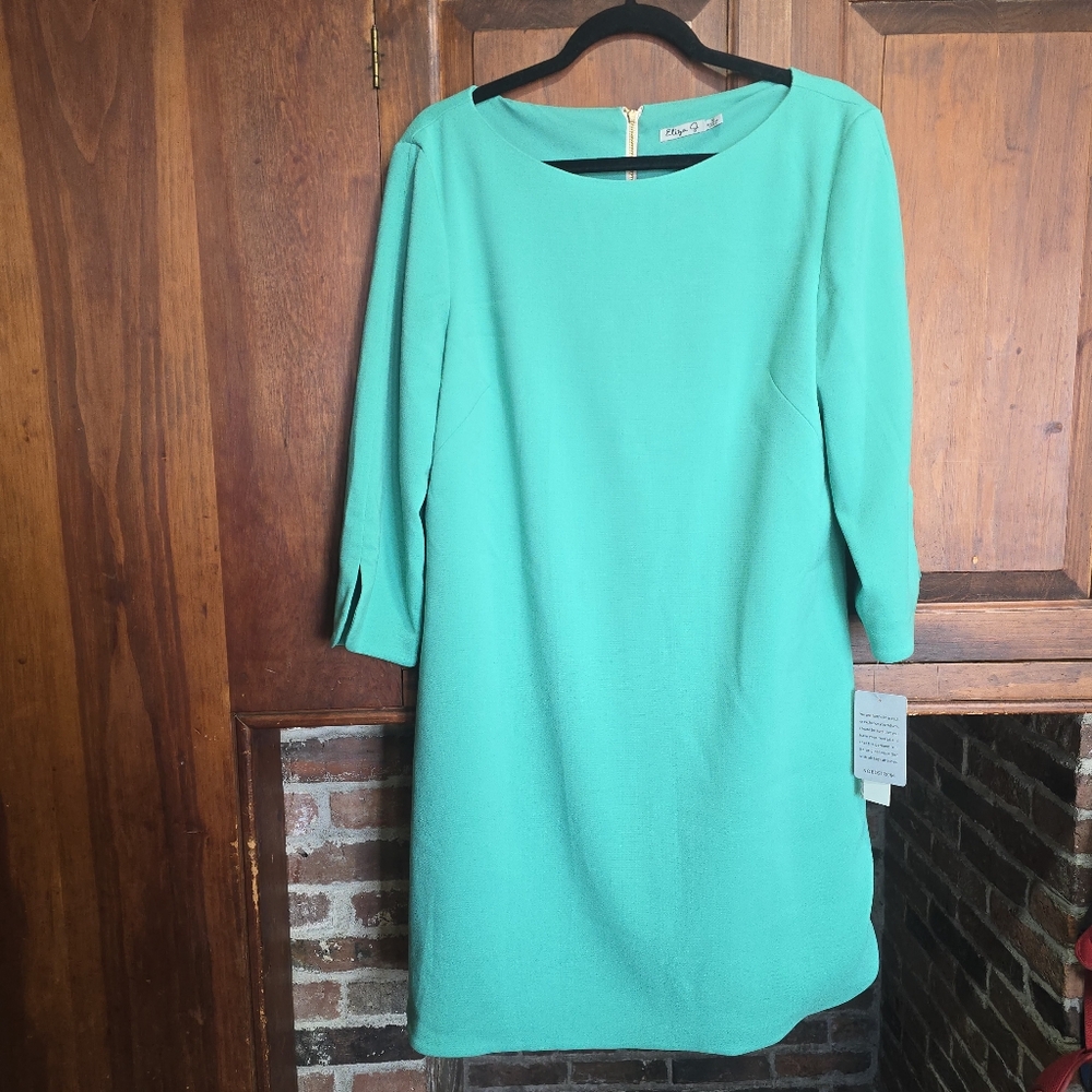 NWT Eliza J Split Cuff Boatneck Shift Dress - Green - 16